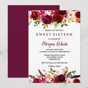 Cute Burgundy Rouge Floral Sweet 16 Invitation de 