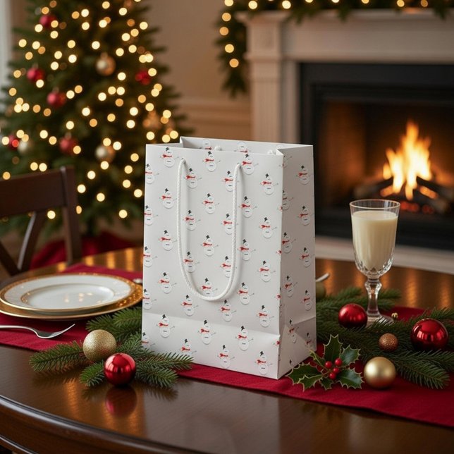 Cute Button Snowmen Grey Paper Gift Bag Mittlere Geschenktüte (Von Creator hochgeladen)