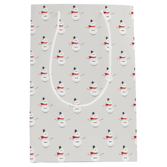 Cute Button Snowmen Grey Paper Gift Bag Mittlere Geschenktüte (Vorderseite)