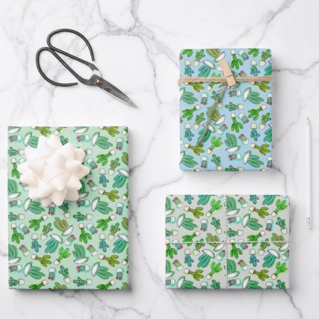 Cute cacti, succulent cactus in white pots geschenkpapier set (Vorderseite)