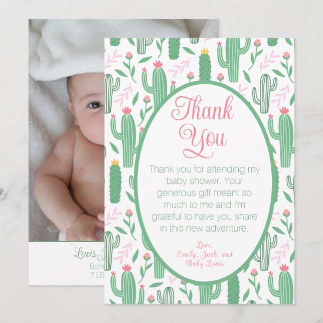 Cute Cactus Baby shower Floral Merci photo (Devant / Derrière)