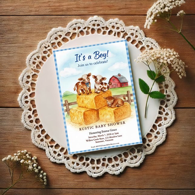 Cute Calf Baby Shower Gingham Hay Invitation Einladung (Von Creator hochgeladen)