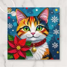 Cute Calico Kitty Cat and Poinsettia Christmas