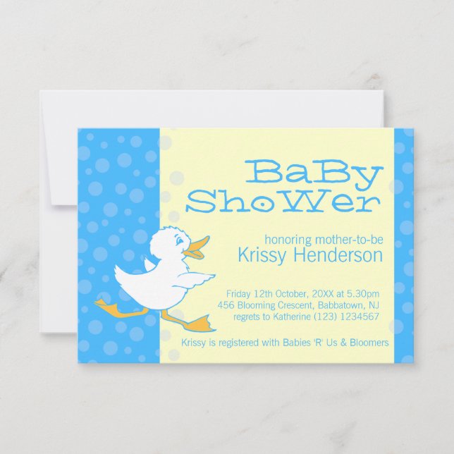 Cute canard baby shower bleu jaune invitation (Devant)