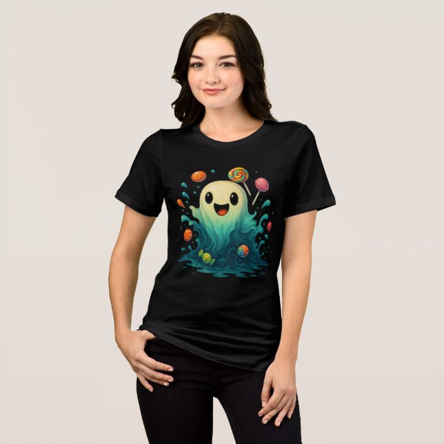 Cute Candy Ghost Halloween Illustration Tri-Blend Shirt (Vorderseite voll)