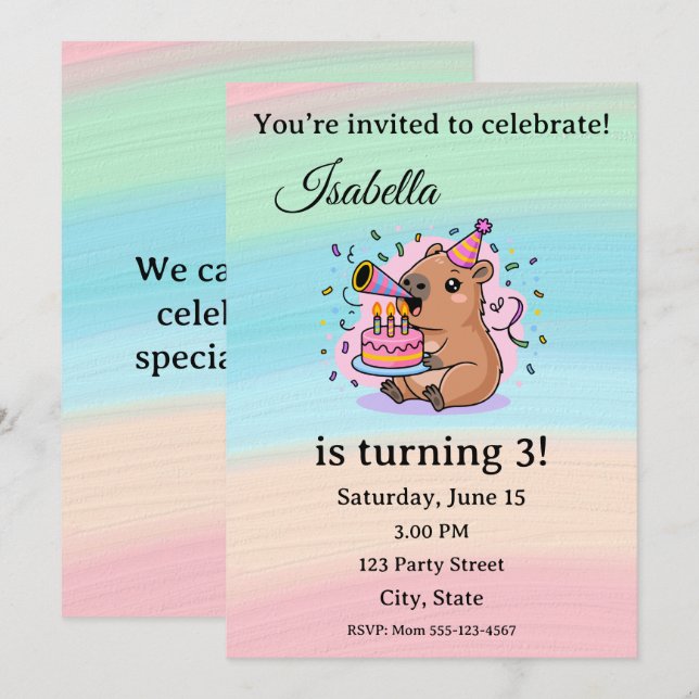 Cute Capybara Birthday Invitation Editable  Einladung (Vorne/Hinten)