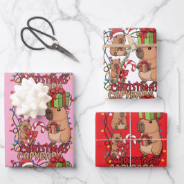 Cute Capybara Christmas Lights Festive Party Pink Geschenkpapier Set