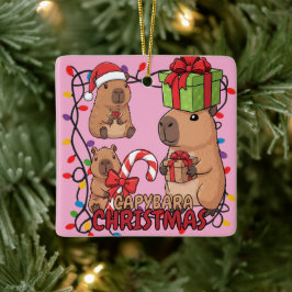 Cute Capybara Christmas Lights Festive Party Pink Keramikornament