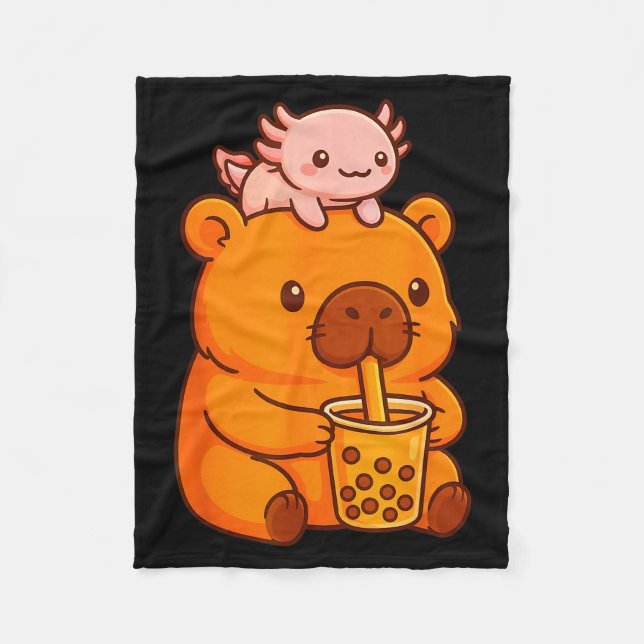 Cute Capybara Drinking Bubble Tea And Axolotl Kawa Fleecedecke (Vorderseite)