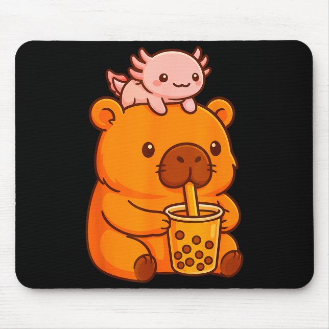 Cute Capybara Drinking Bubble Tea And Axolotl Kawa Mousepad (Vorne)