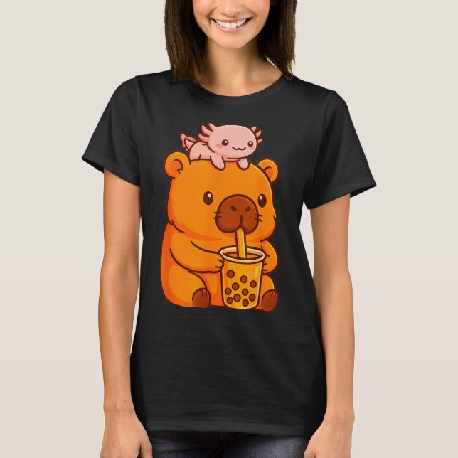 Cute Capybara Drinking Bubble Tea And Axolotl Kawa T-Shirt (Vorderseite)