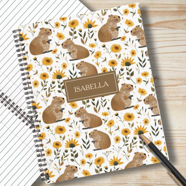Cute Capybara Floral Spiral Notebook Notizbuch (cute capybara spiral notebook for girls, floral sunflower pattern, personalized notebook gift)