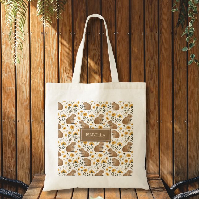 Cute Capybara Floral Tote Bag Tragetasche (cute whimsical capybara sunflower floral tote bag with custom name, fun personalized gift)