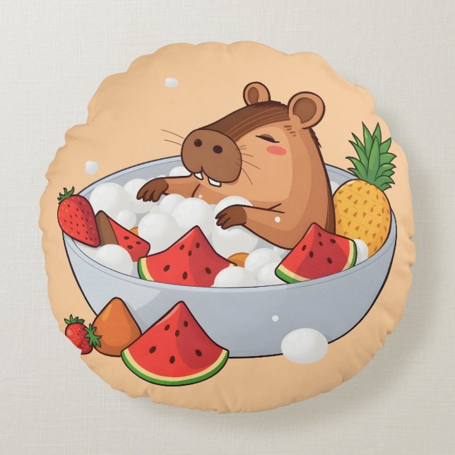 Cute Capybara Fruit Bath Spa Day Kawaii Animal Ill Rundes Kissen (Vorderseite)