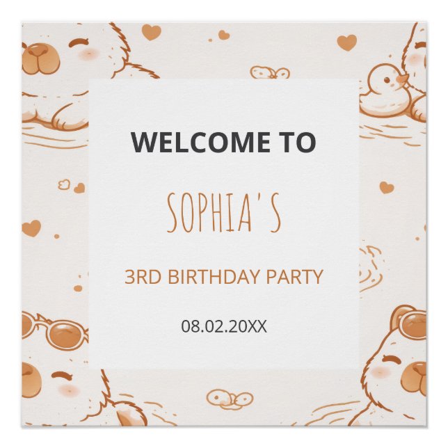 Cute Capybara Kids Birthday Party Welcome Poster (Vorderseite)