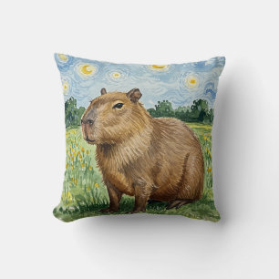 Cute Capybara Starry Nuit Vincent van Gogh Coussin
