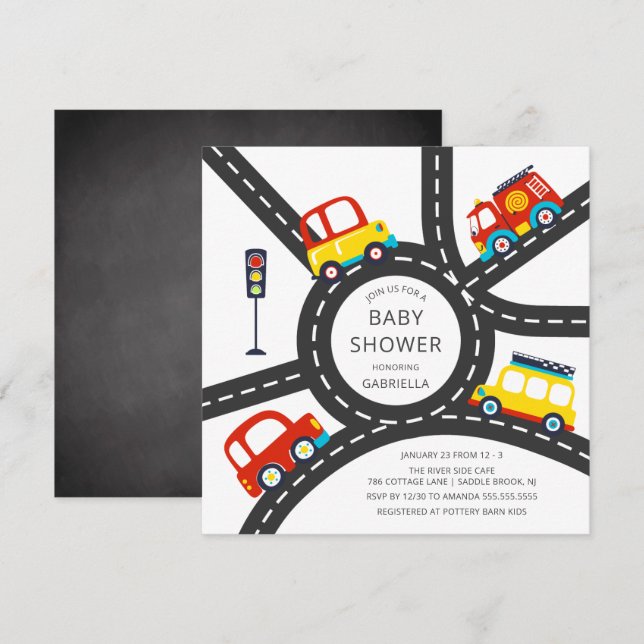 Cute Car Road Boys Baby shower Invitation (Devant / Derrière)
