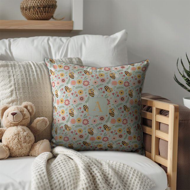 Cute cartoon bee flower yellow pattern monogram kissen (Von Creator hochgeladen)