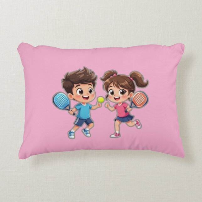 Cute Cartoon Boy and Girl Playing Padel Tennis – F Dekokissen (Vorderseite)