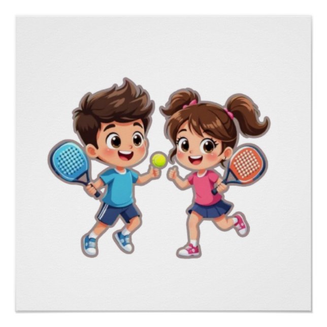 Cute Cartoon Boy and Girl Playing Padel Tennis – F Poster (Vorderseite)