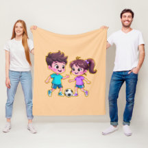 Cute Cartoon Boy and Girl Playing Soccer Together 