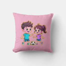 Cute Cartoon Boy and Girl Playing Soccer Together Kissen