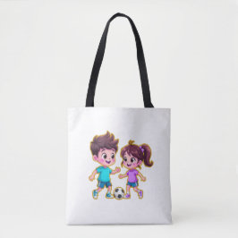 Cute Cartoon Boy and Girl Playing Soccer Together Tasche