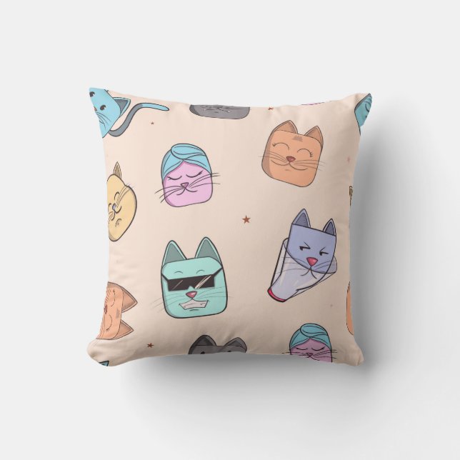 Cute Cartoon Cat Kitty Faces Pattern Patterns | Pa Kissen (Vorderseite)