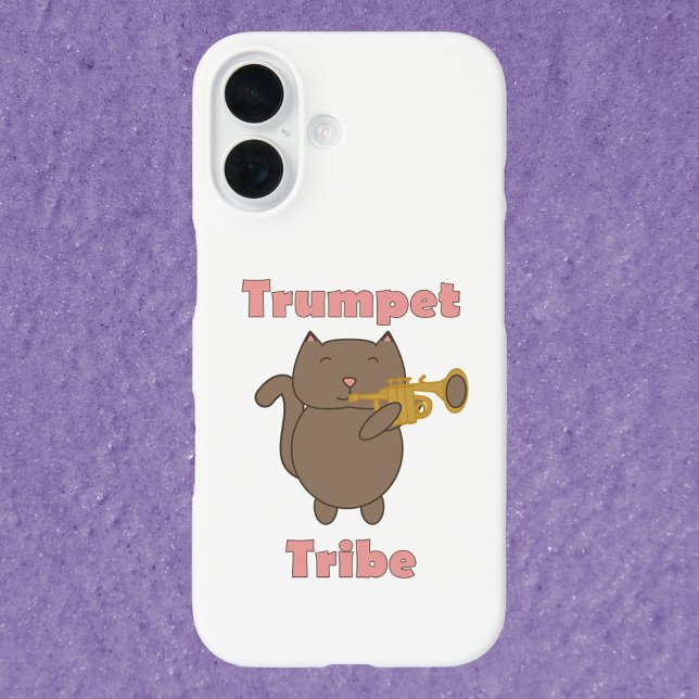 Cute Cartoon Cat Playing Trumpet Tribe Musical  iPhone 16 Hülle (A phone case with a cute cat playing the trumpet and the text trumpet tribe in pink.)