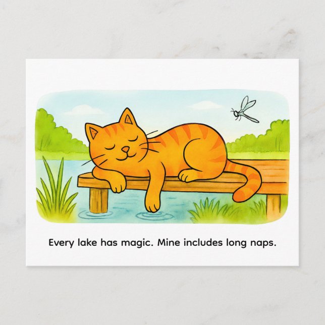 Cute Cartoon Cat Resting on Wooden Dock Postkarte (Vorderseite)