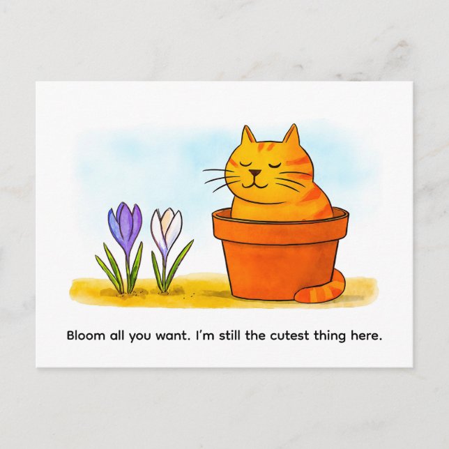 Cute Cartoon Cat Sitting in Spring Flowers Postkarte (Vorderseite)