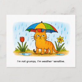 Cute Cartoon Cat Standing Under Colorful Umbrella Postkarte