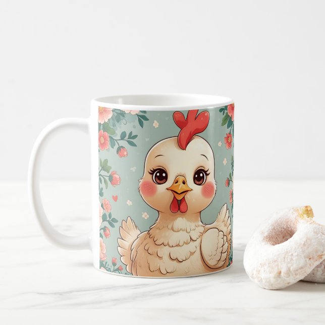 Cute Cartoon Chicken, Colorful Floral. Farm Animal Kaffeetasse (Mit Donut)