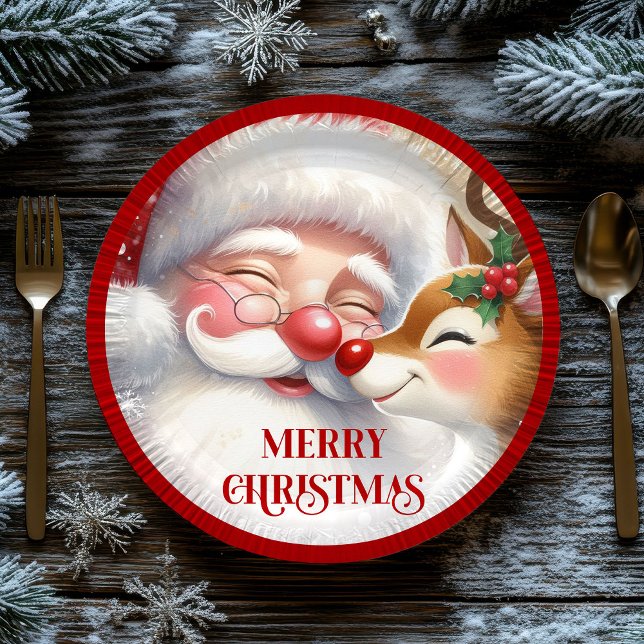 Cute Cartoon Christmas Plates Santa and Rudolph Pappteller (Cute Cartoon Christmas Plates Santa and Rudolph)