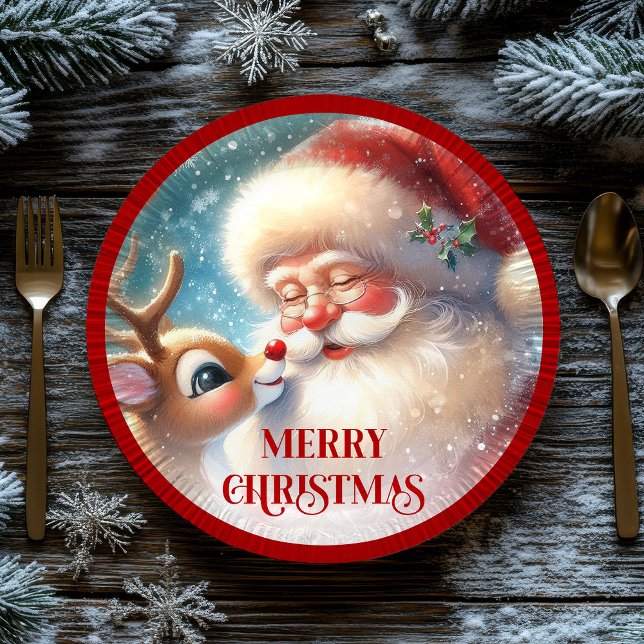 Cute Cartoon Christmas Plates Santa and Rudolph Pappteller (Cute Cartoon Christmas Plates Santa and Rudolph)