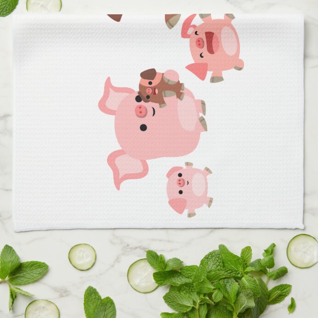 Cute Cartoon Cochon Famille Serviette de cuisine (Plié)