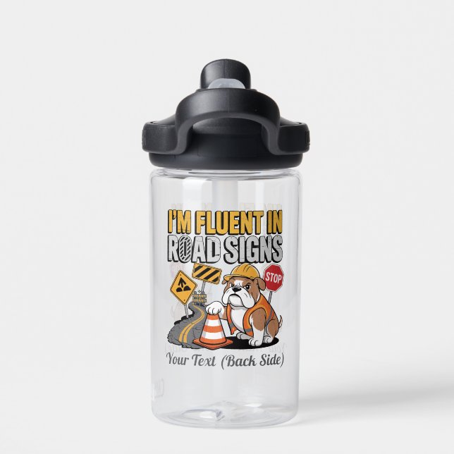 Cute Cartoon Construction Bulldog Funny Road Sign  Trinkflasche (Rückseite)