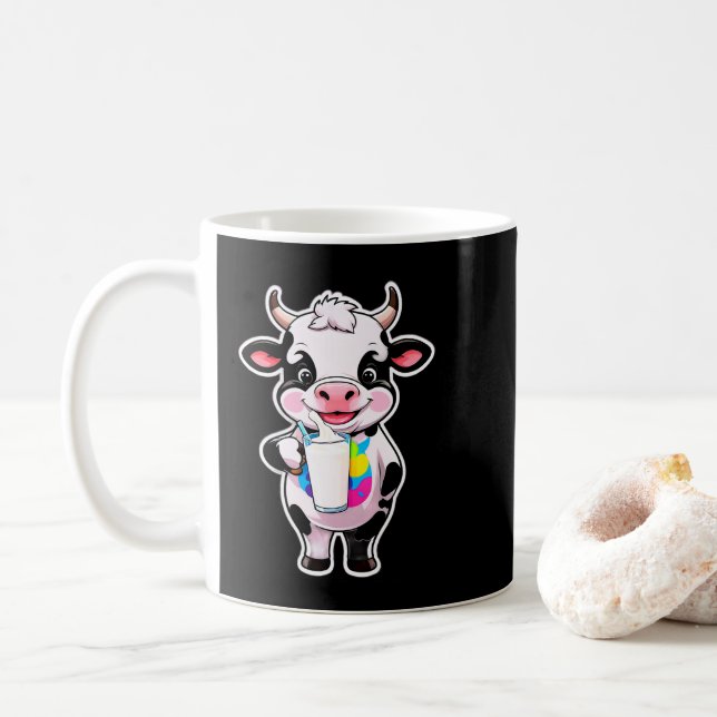 Cute Cartoon Cow Drinking Milk From Glass Kaffeetasse (Mit Donut)