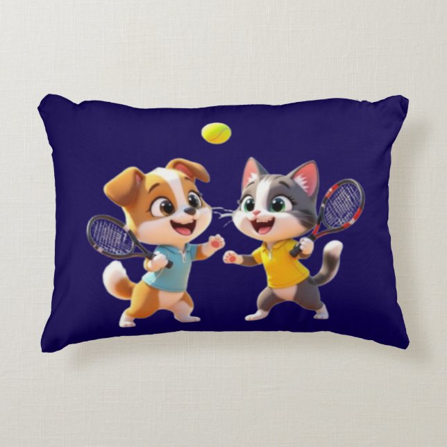 Cute Cartoon Dog and Cat Playing Padel Tennis – Fu Dekokissen (Vorderseite)