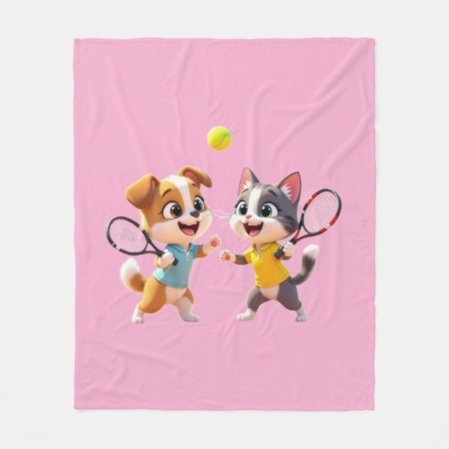 Cute Cartoon Dog and Cat Playing Padel Tennis – Fu Fleecedecke (Vorderseite)