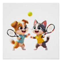 Cute Cartoon Dog and Cat Playing Padel Tennis – Fu