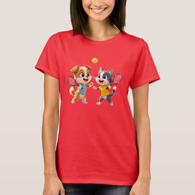 Cute Cartoon Dog and Cat Playing Padel Tennis – Fu T-Shirt (Vorderseite)
