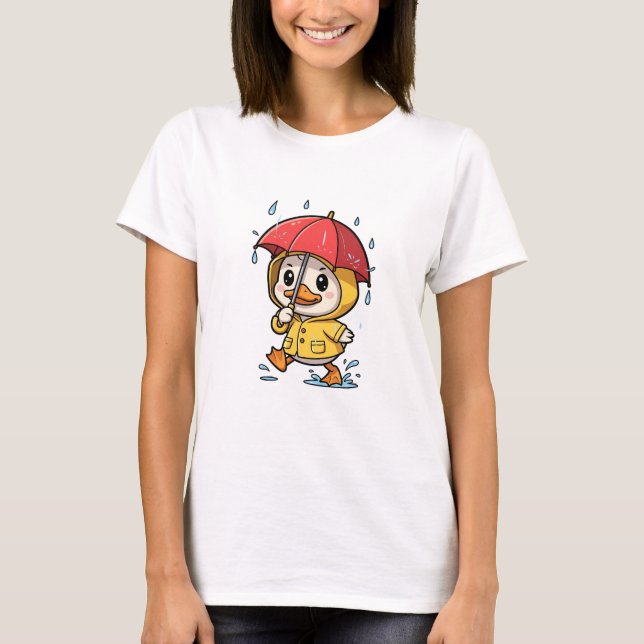 Cute Cartoon Duck Walking in Rain T-Shirt (Vorderseite)