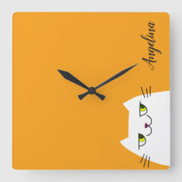 Cute Cartoon Funny White Cat Monogram Yellow Quadratische Wanduhr