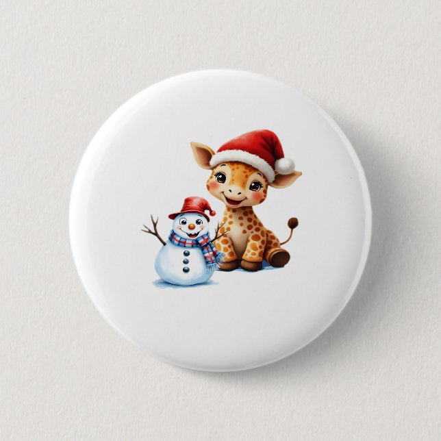 Cute Cartoon Giraffe with Santa Hat & Snowman Clas Button (Vorderseite)