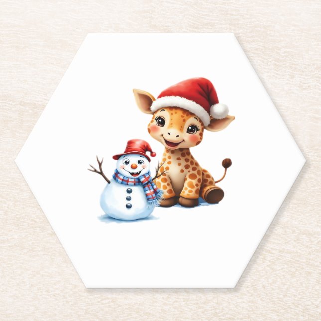 Cute Cartoon Giraffe with Santa Hat & Snowman Clas Untersetzer (Vorderseite)
