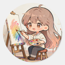 Cute Cartoon Girl Painting  Runder Aufkleber