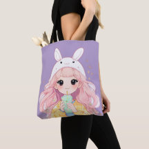 Cute Cartoon Girl White Bunny Hat Tote Bag