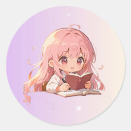 Cute Cartoon Girl Writing on a Book . Runder Aufkleber