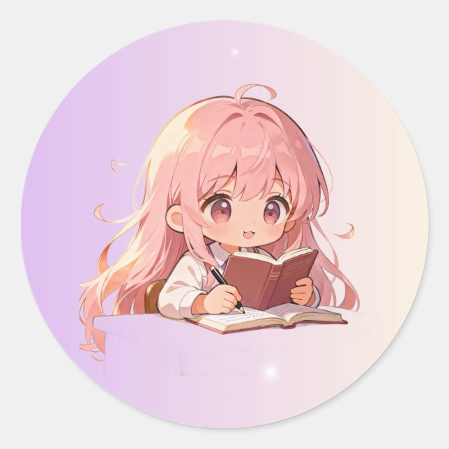 Cute Cartoon Girl Writing on a Book . Runder Aufkleber (Vorderseite)